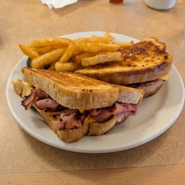 A grilled ham and cheese sandwich, cut in half, with a side of golden french fries on a white plate.
